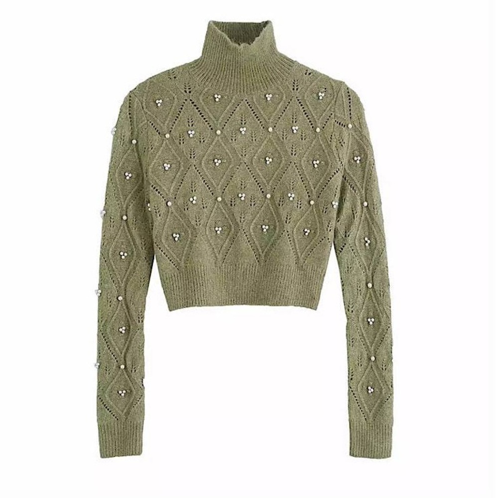 NWT Bey Azura Green Turtleneck Short Sweater With Pearl Beads